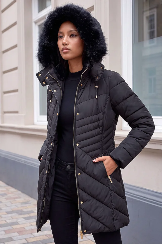 Roman Black Petite Hooded Longline Quilted Coat