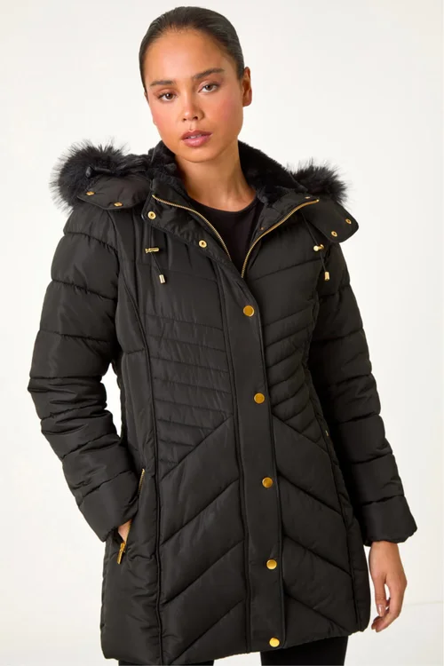 Roman Black Petite Hooded Longline Quilted Coat - 12 Image 4