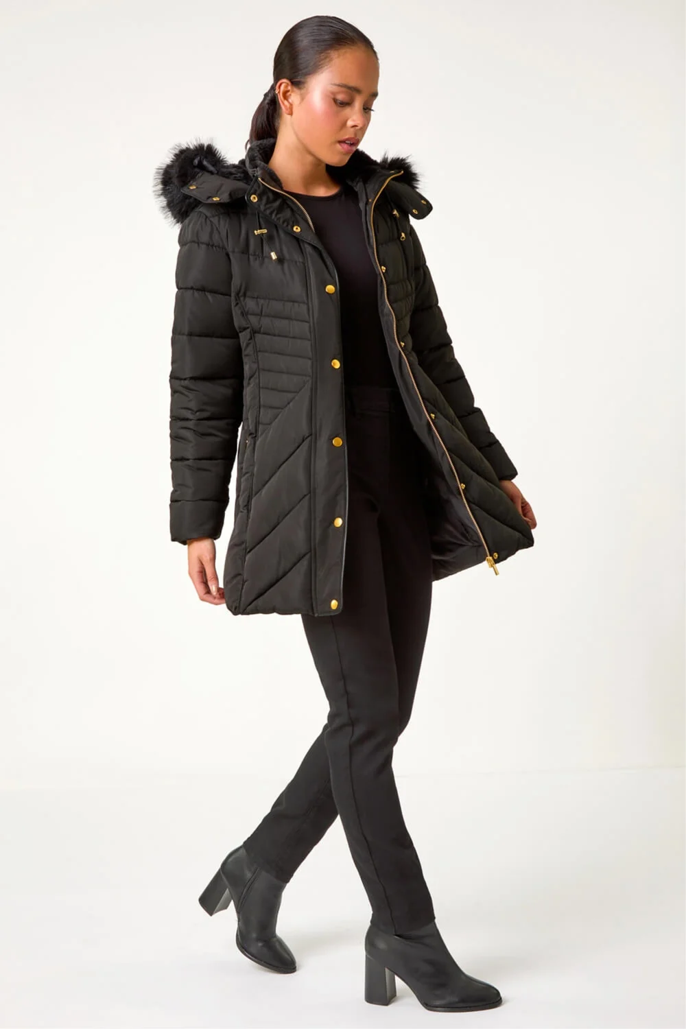 Roman Black Petite Hooded Longline Quilted Coat - 12 Image 2