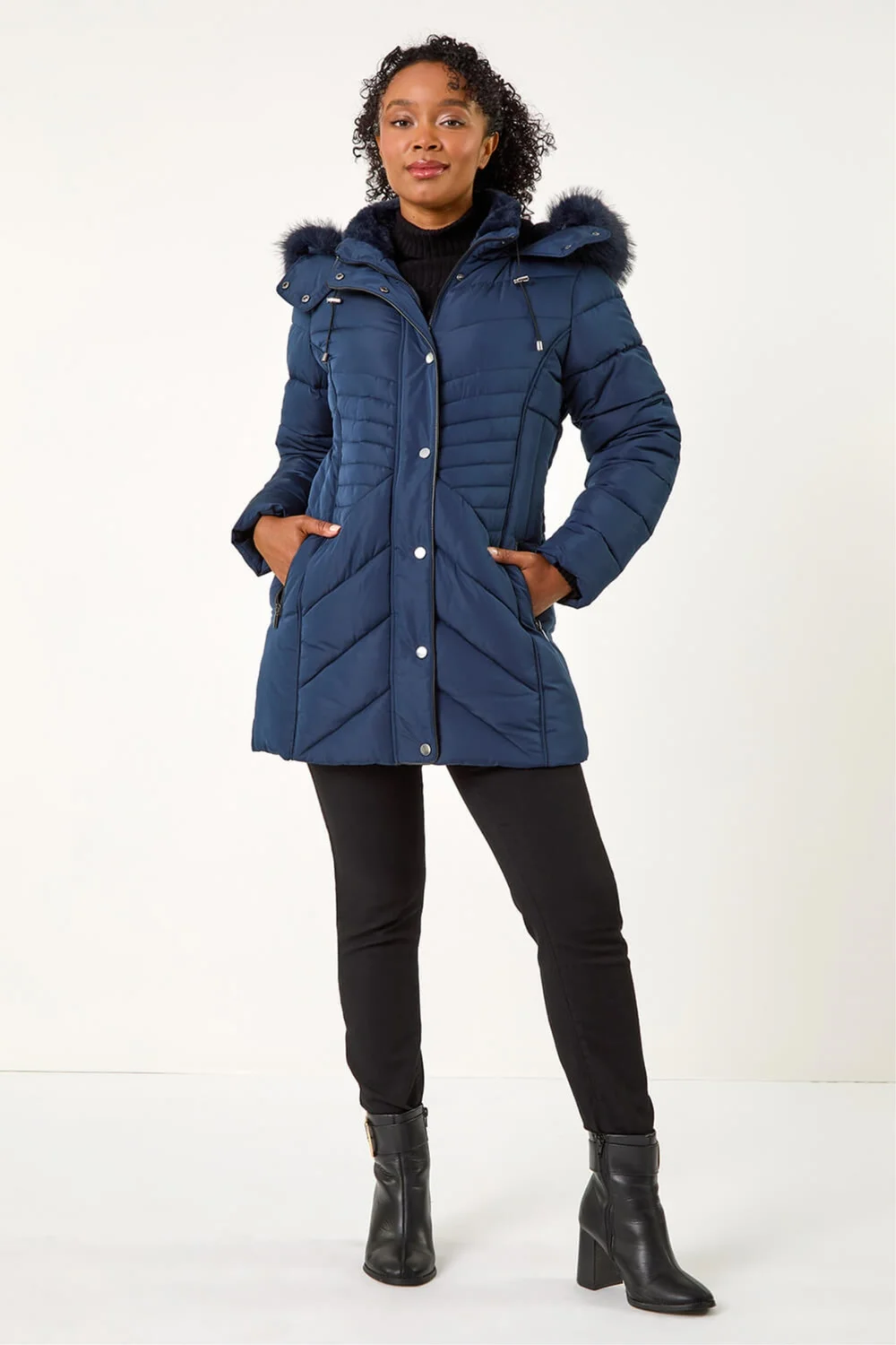 Roman Navy Petite Hooded Longline Quilted Coat - 14 Image 2