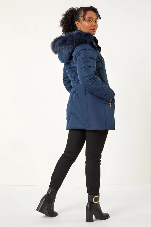 Roman Navy Petite Hooded Longline Quilted Coat - 14 Image 3