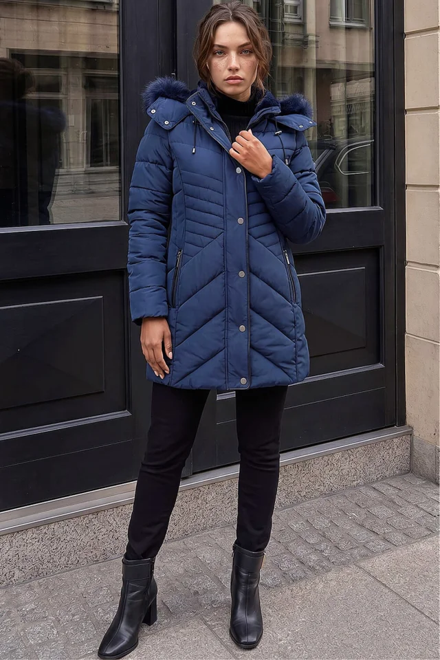 Roman Navy Petite Hooded Longline Quilted Coat