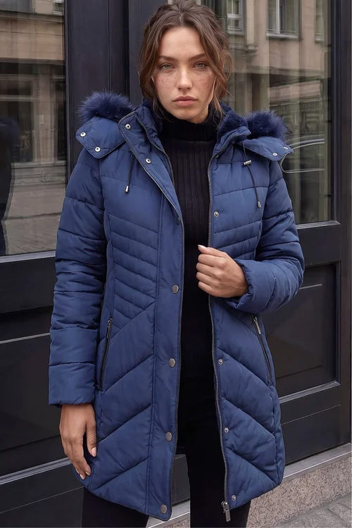 Roman Navy Petite Hooded Longline Quilted Coat - 18 Image 1