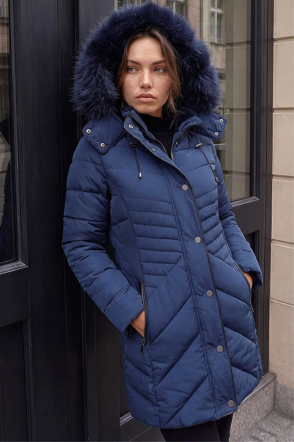 Roman Navy Petite Hooded Longline Quilted Coat - 18 Image 3