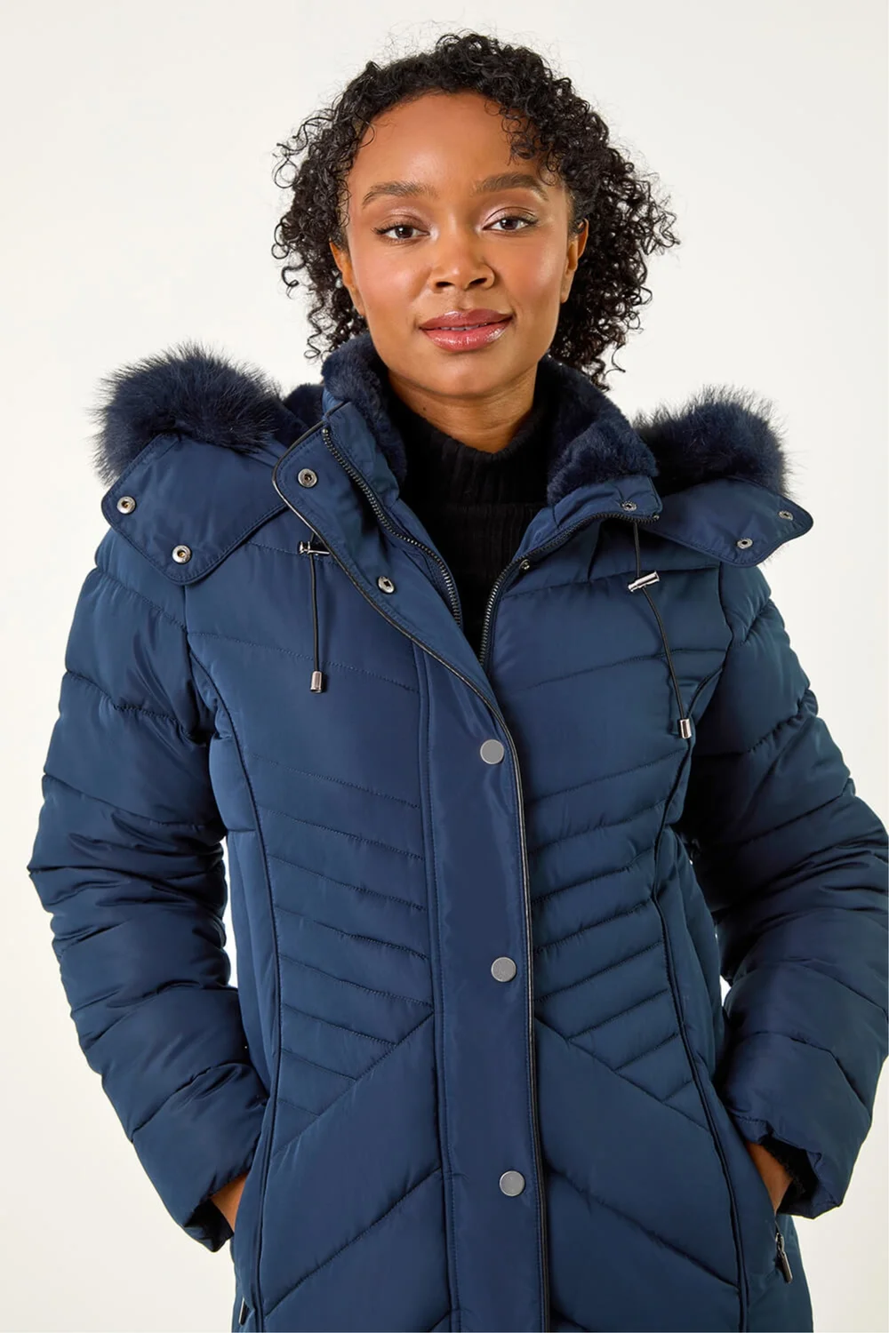 Roman Navy Petite Hooded Longline Quilted Coat - 14 Image 4