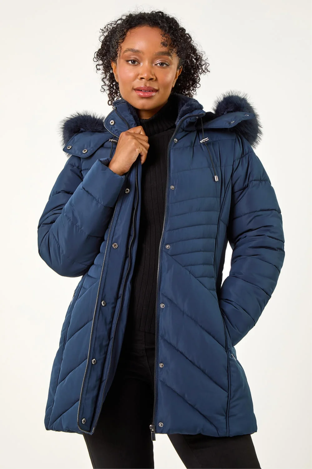 Roman Navy Petite Hooded Longline Quilted Coat - 14 Image 1