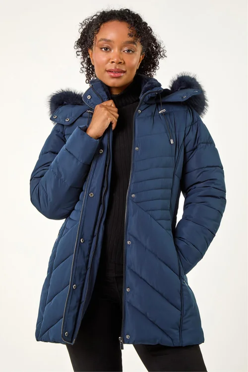 Roman Navy Petite Hooded Longline Quilted Coat - 14 Image 1