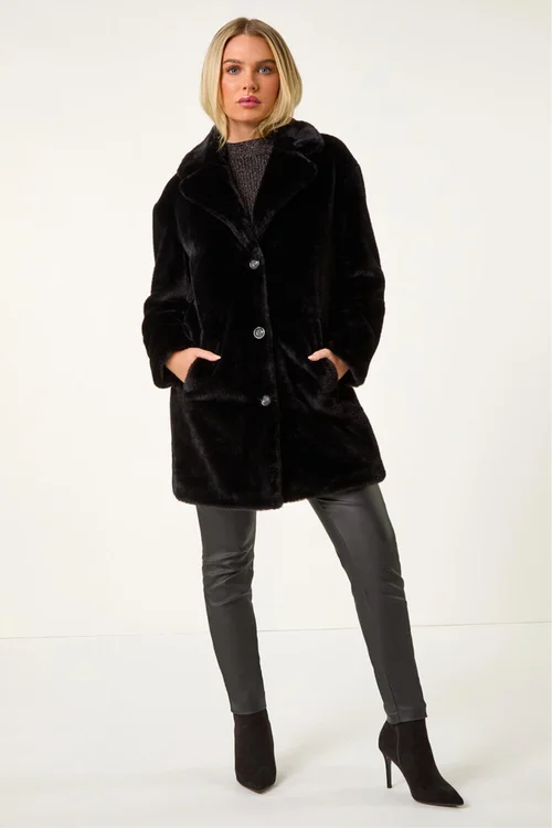 Roman Black Petite Longline Pocket Fur Coat - 8 Image 2