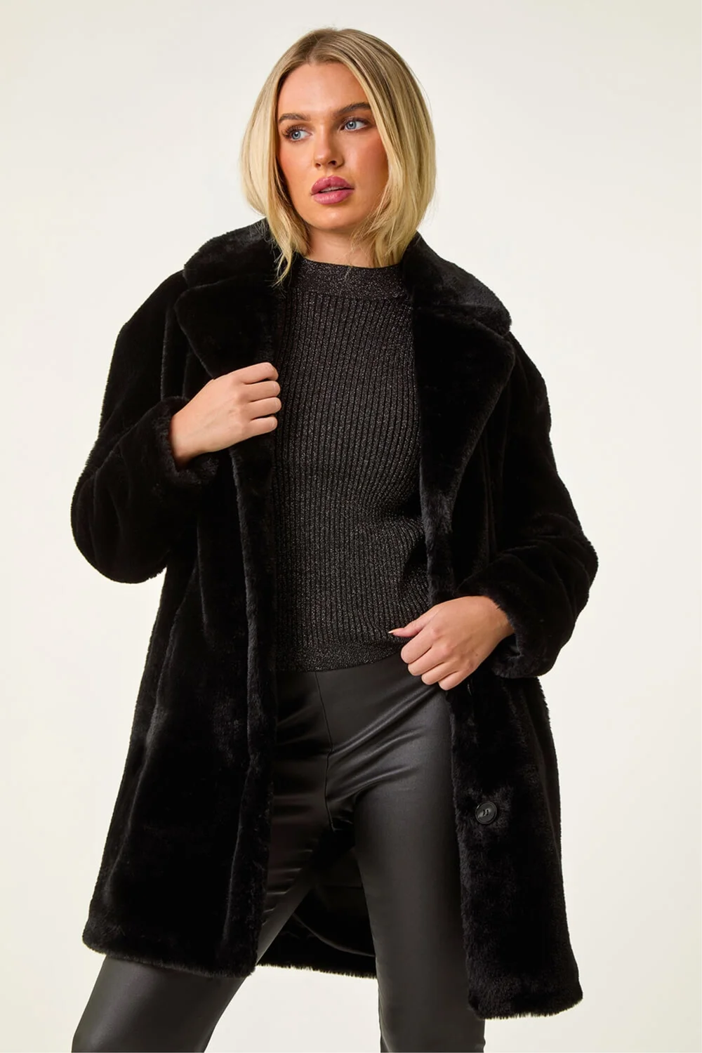 Roman Black Petite Longline Pocket Fur Coat - 8 Image 1