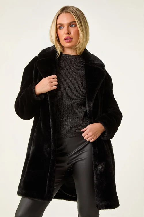 Roman Black Petite Longline Pocket Fur Coat - 8 Image 1