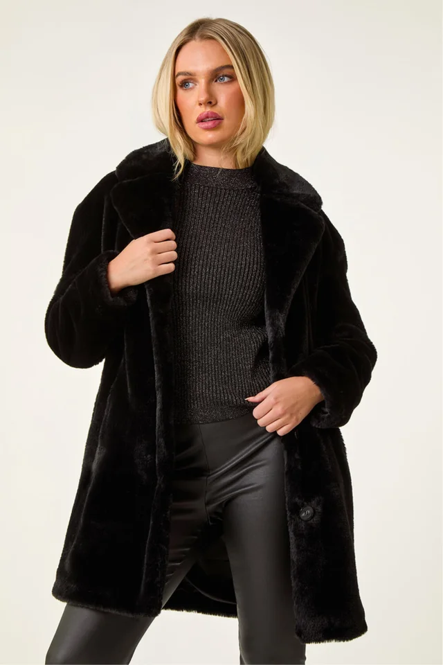 Roman Black Petite Longline Pocket Fur Coat