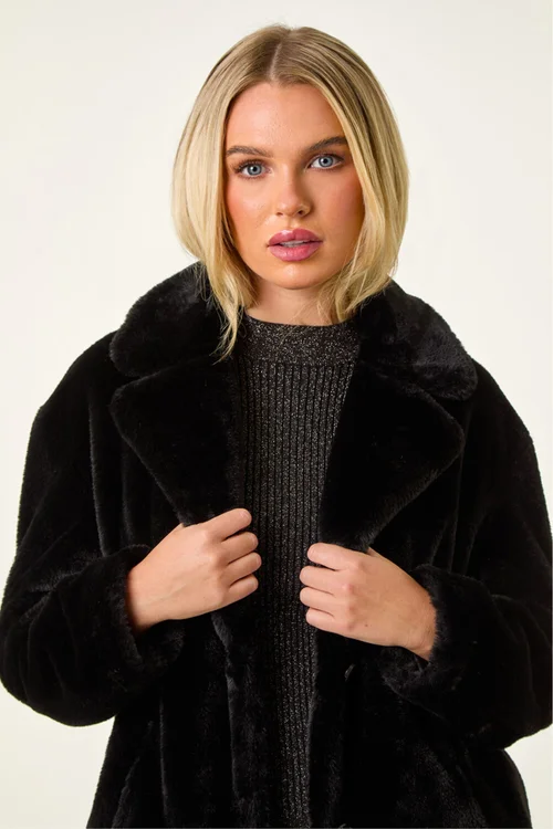 Roman Black Petite Longline Pocket Fur Coat - 8 Image 4