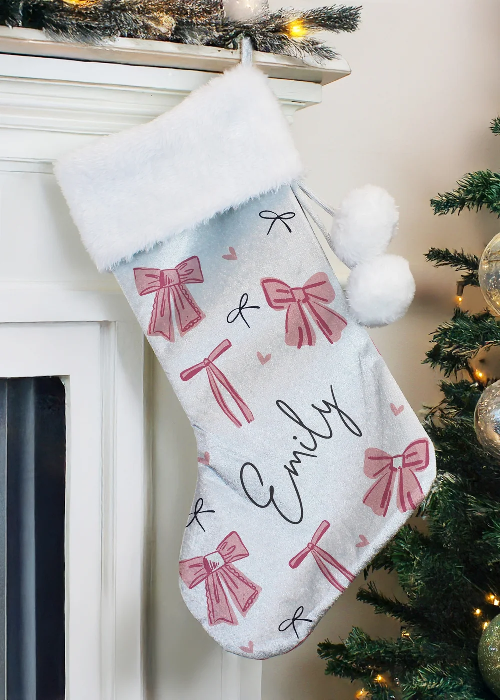 Personalised Memento Company Grey Pink Bow Christmas Stocking - One Size Image 2