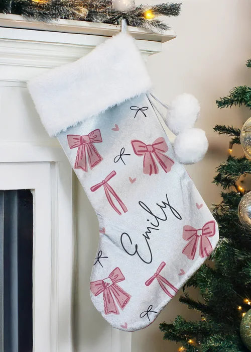 Personalised Memento Company Grey Pink Bow Christmas Stocking - One Size Image 2