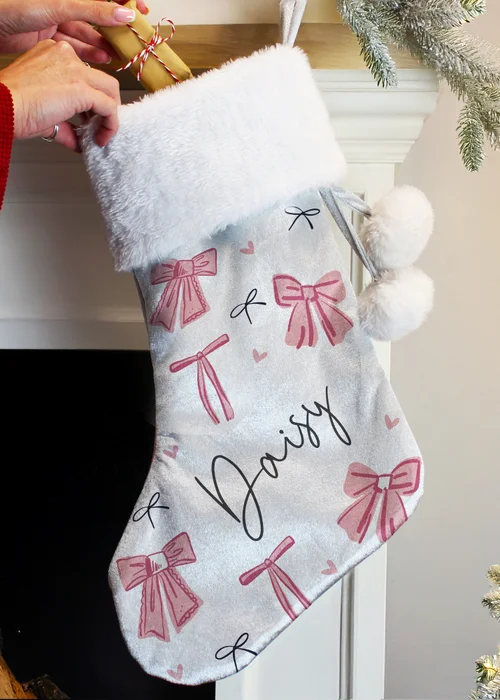 Personalised Memento Company Grey Pink Bow Christmas Stocking - One Size Image 3