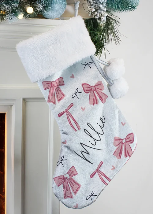 Personalised Memento Company Grey Pink Bow Christmas Stocking - One Size Image 1