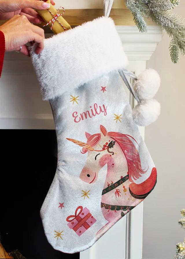 Personalised Memento Company Grey Unicorn Christmas Stocking