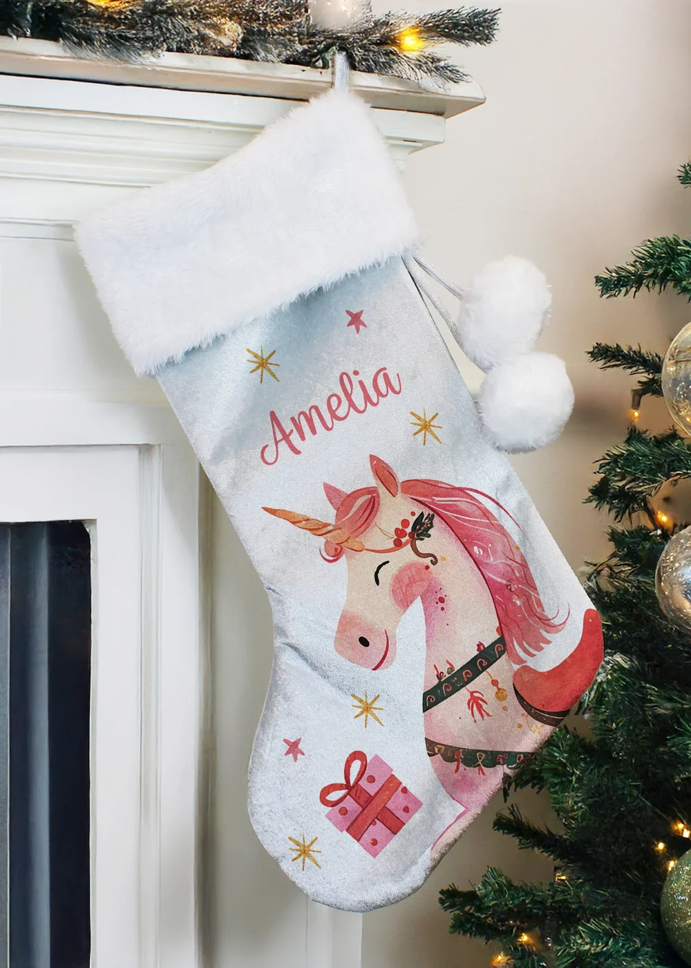 Personalised Memento Company Grey Unicorn Christmas Stocking - One Size Image 1