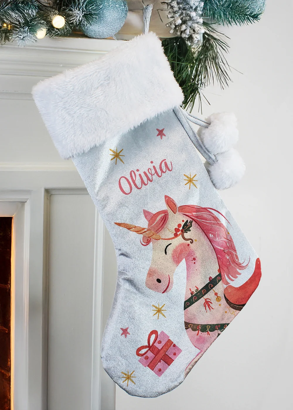 Personalised Memento Company Grey Unicorn Christmas Stocking - One Size Image 3