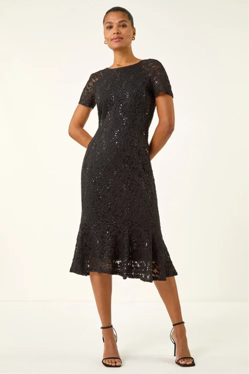 Roman Black Leaf Lace Sequin Midi Dress - 12 Image 2