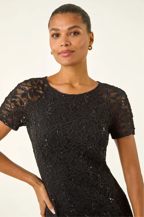 Roman Black Leaf Lace Sequin Midi Dress - 12 Image 4