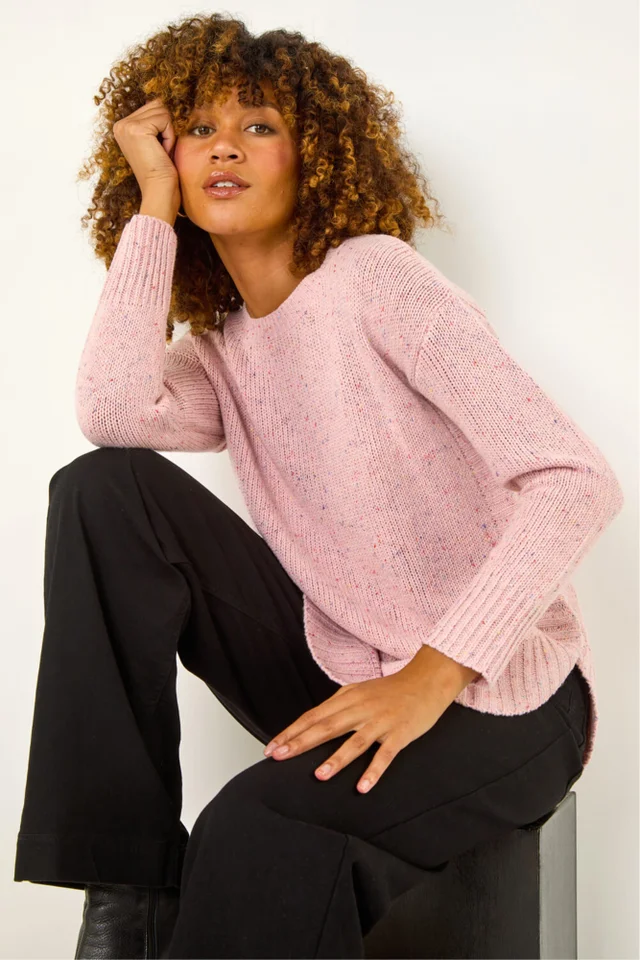 Roman Light Pink Nep Fabric Curved Hem Jumper