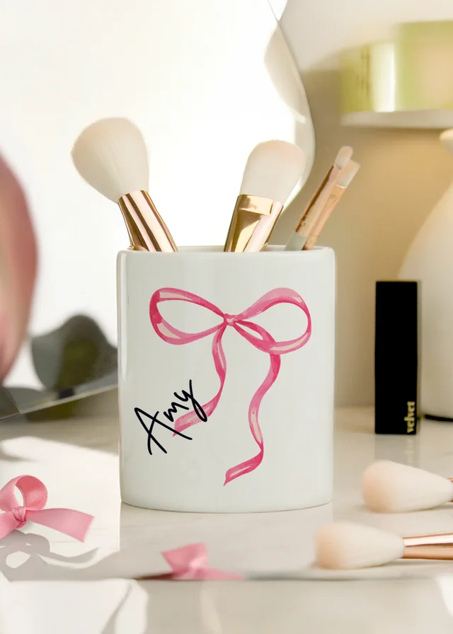 Personalised Memento Company White Bow Make Up Brush Holder