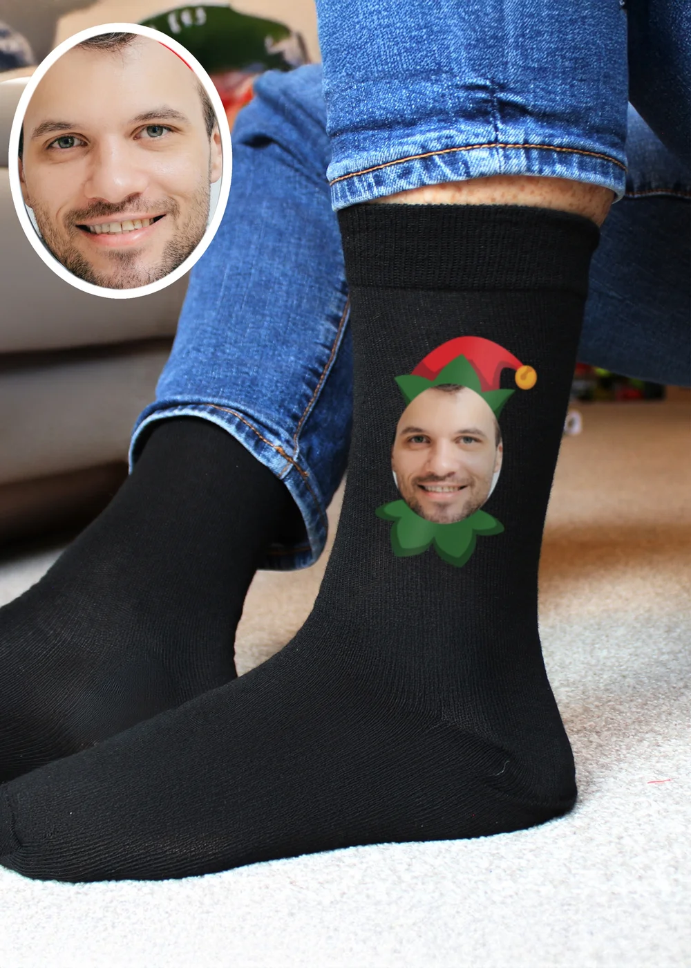 Personalised Memento Company Black Photo Upload Elf Christmas Socks - One Size Image 1