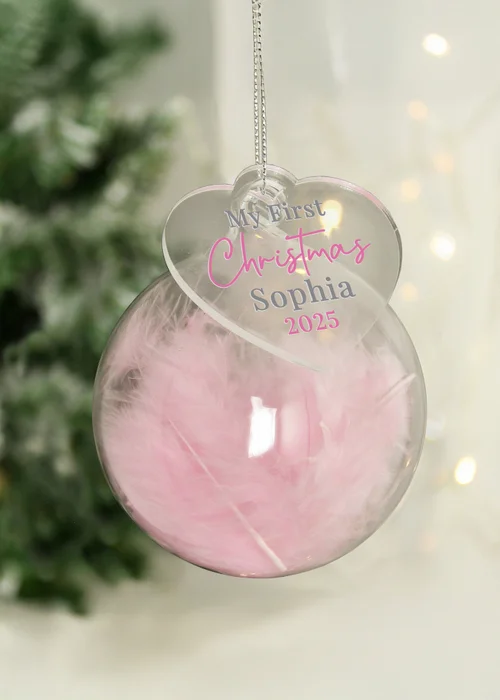 Personalised Memento Company Pink My 1st Christmas Feather Bauble - One Size Image 1