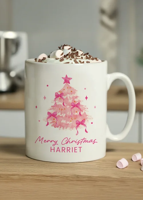 Personalised Memento Company White Pink Christmas Tree Mug - One Size Image 1