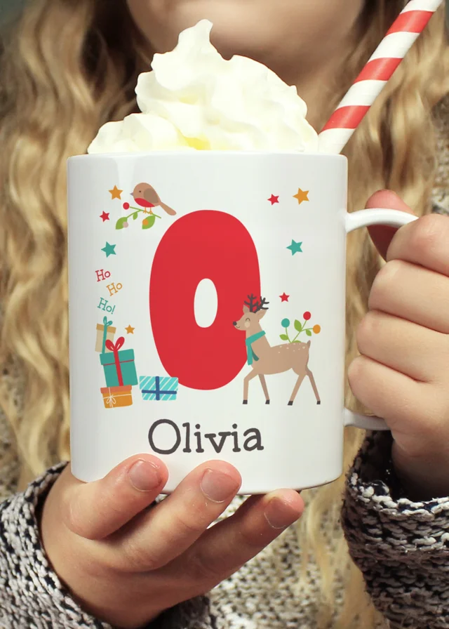 Personalised Memento Company White Initial Reindeer Christmas Plastic Mug