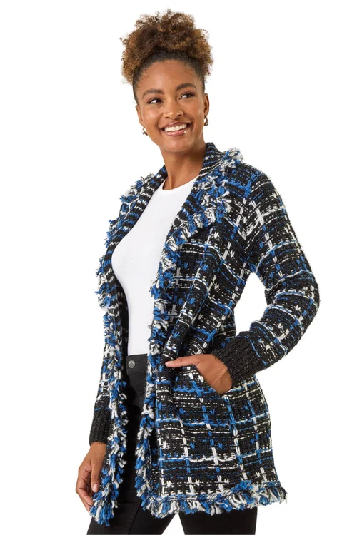 Roman Navy Check Fringe Knit Cardigan - 20 Image 1
