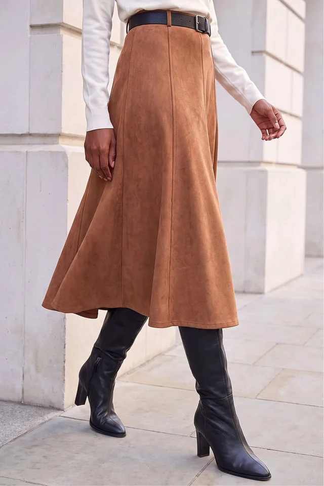 Roman Rust Belted Faux Suede Midi Skirt