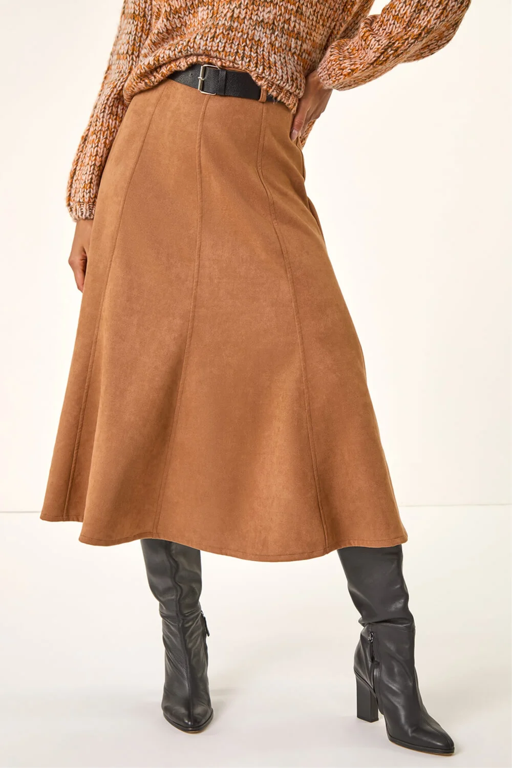 Roman Rust Belted Faux Suede Midi Skirt - 20 Image 4