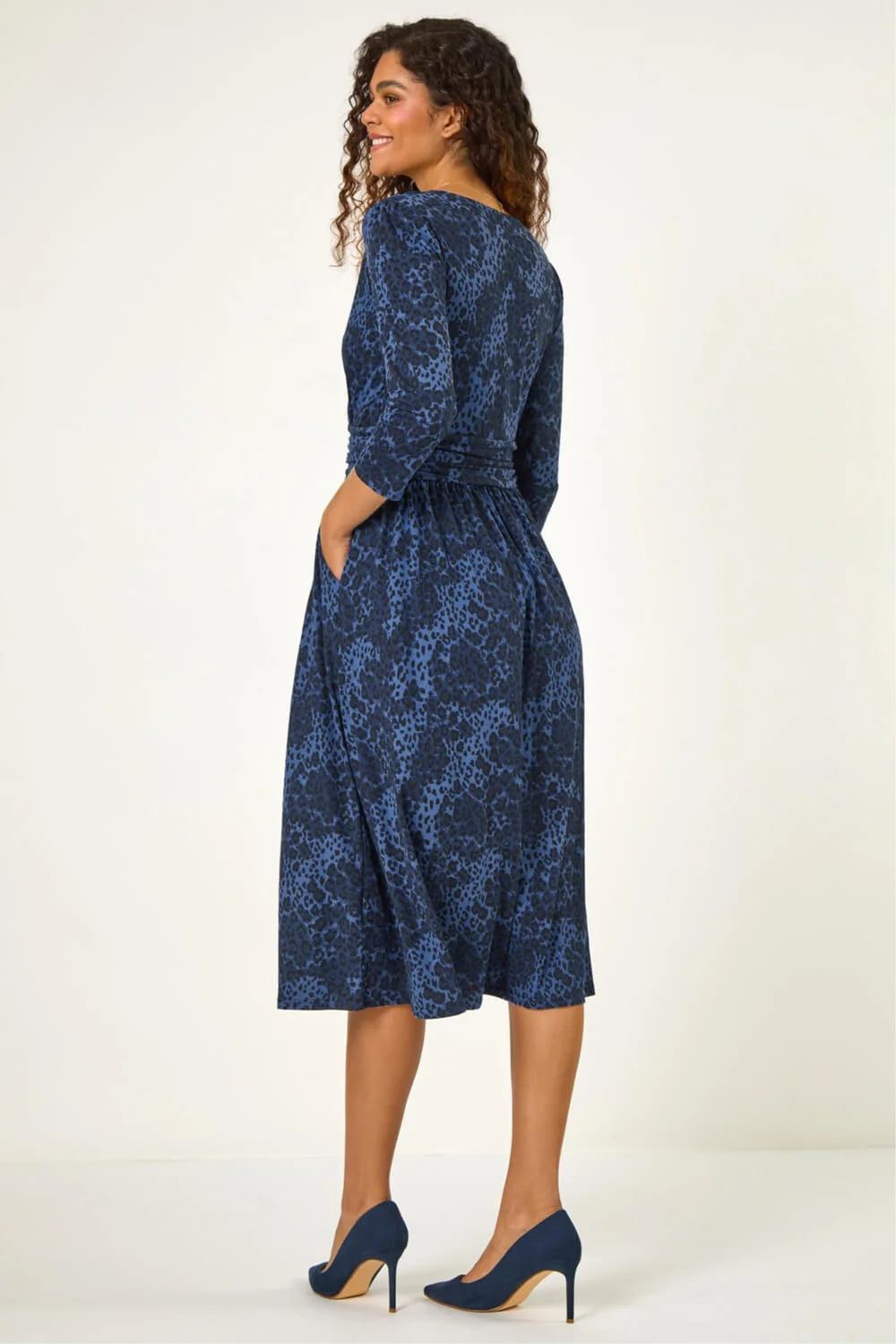 Roman Blue Animal Print Mock Wrap Midi Dress - 16 Image 3
