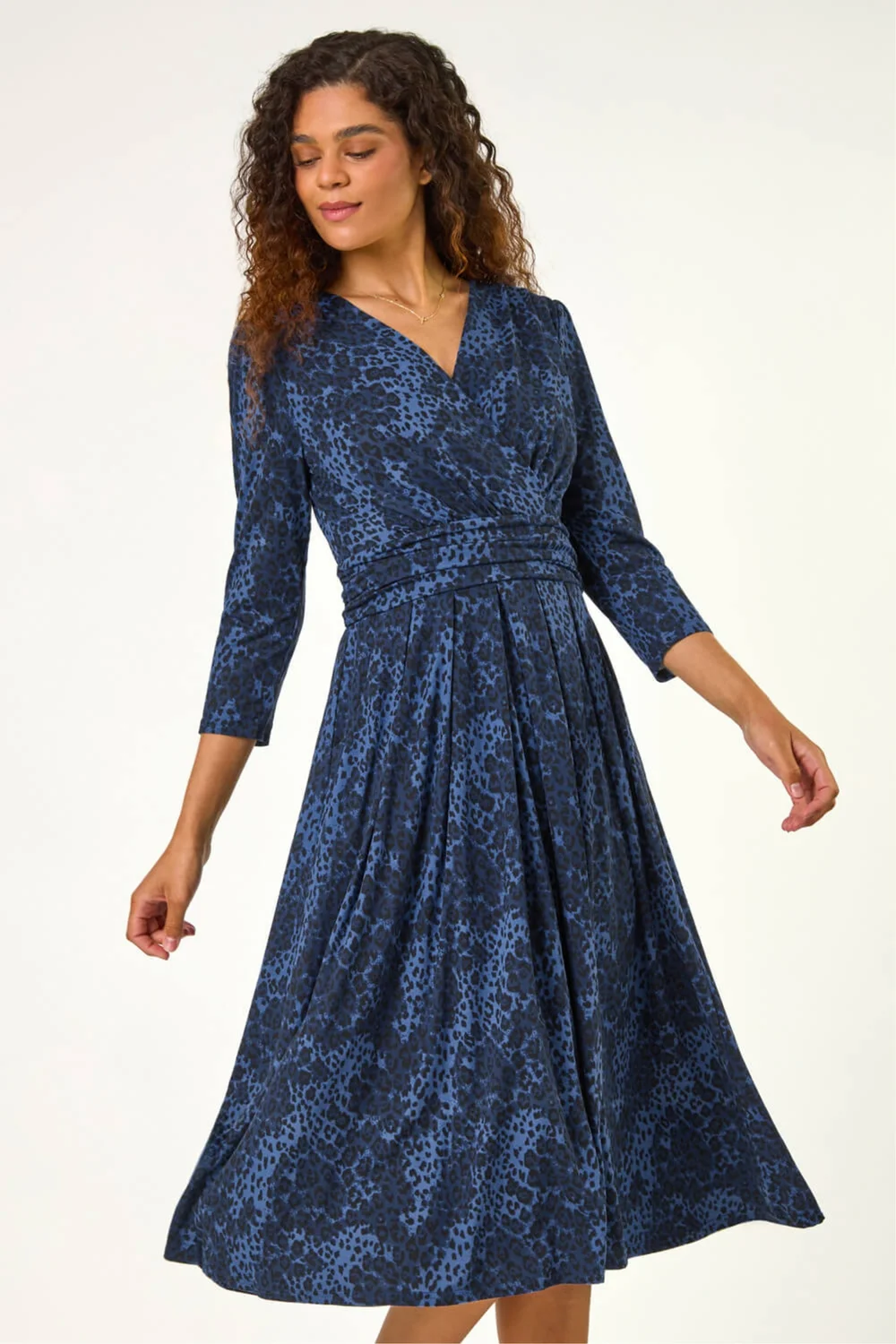 Roman Blue Animal Print Mock Wrap Midi Dress - 16 Image 1