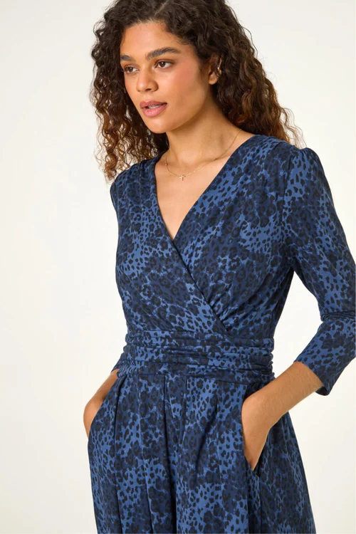 Roman Blue Animal Print Mock Wrap Midi Dress - 16 Image 4