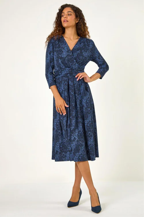 Roman Blue Animal Print Mock Wrap Midi Dress - 16 Image 2