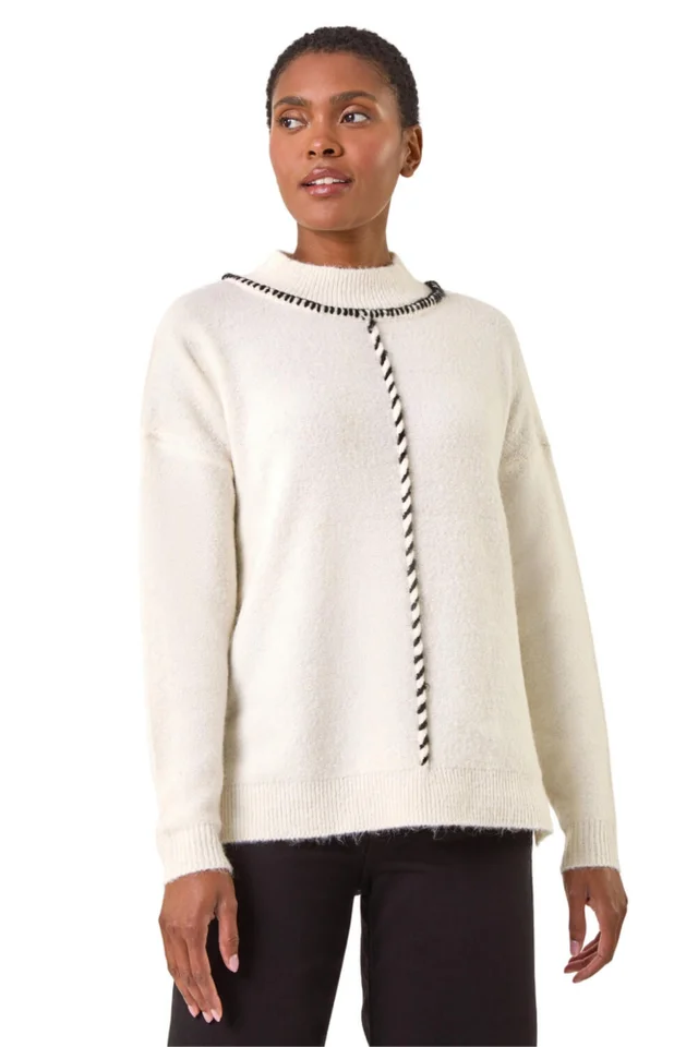 Roman Ivory Funnel Neck Seam Detail Jumper