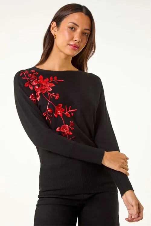 Roman Black Sparkly Floral Knitted Jumper - 18 Image 4