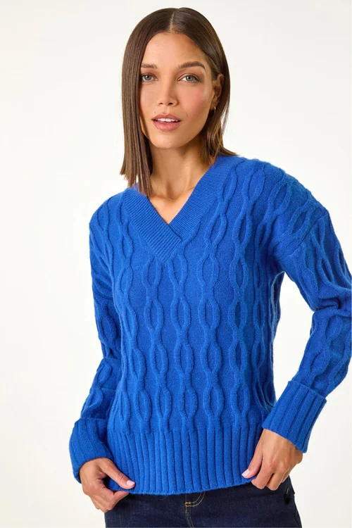 Roman Royal Blue V-Neck Cable Knit Jumper - 18 Image 4