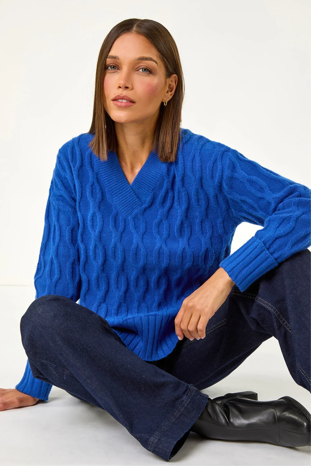 Roman Royal Blue V-Neck Cable Knit Jumper - 18 Image 1