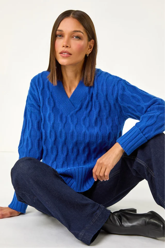 Roman Royal Blue V-Neck Cable Knit Jumper