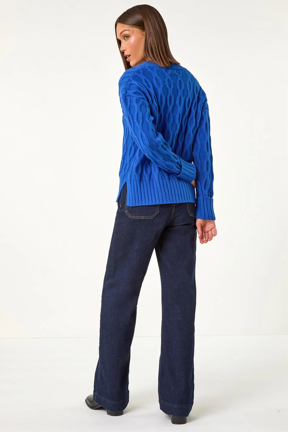 Roman Royal Blue V-Neck Cable Knit Jumper - 18 Image 3
