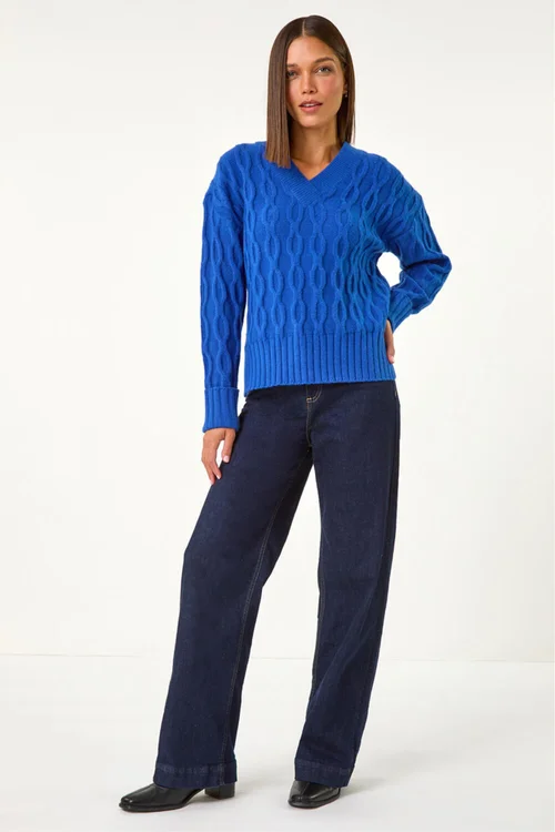 Roman Royal Blue V-Neck Cable Knit Jumper - 18 Image 2