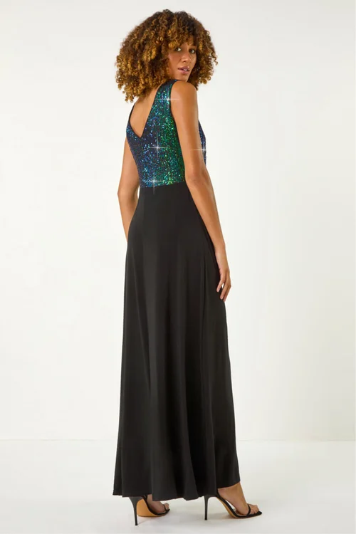 Roman Green Contrast Sequin Bodice Maxi Dress - 10 Image 3