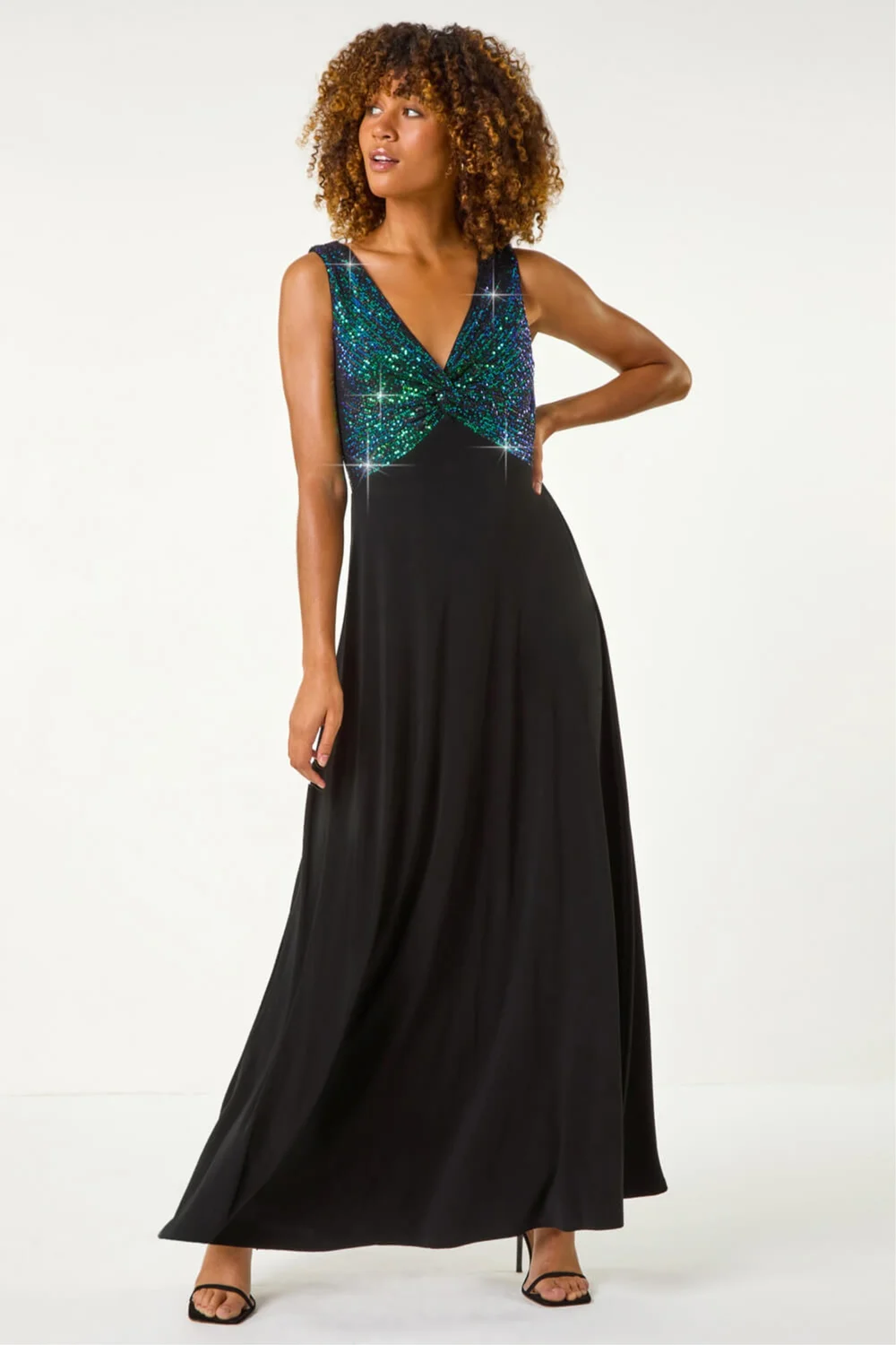 Roman Green Contrast Sequin Bodice Maxi Dress - 10 Image 2