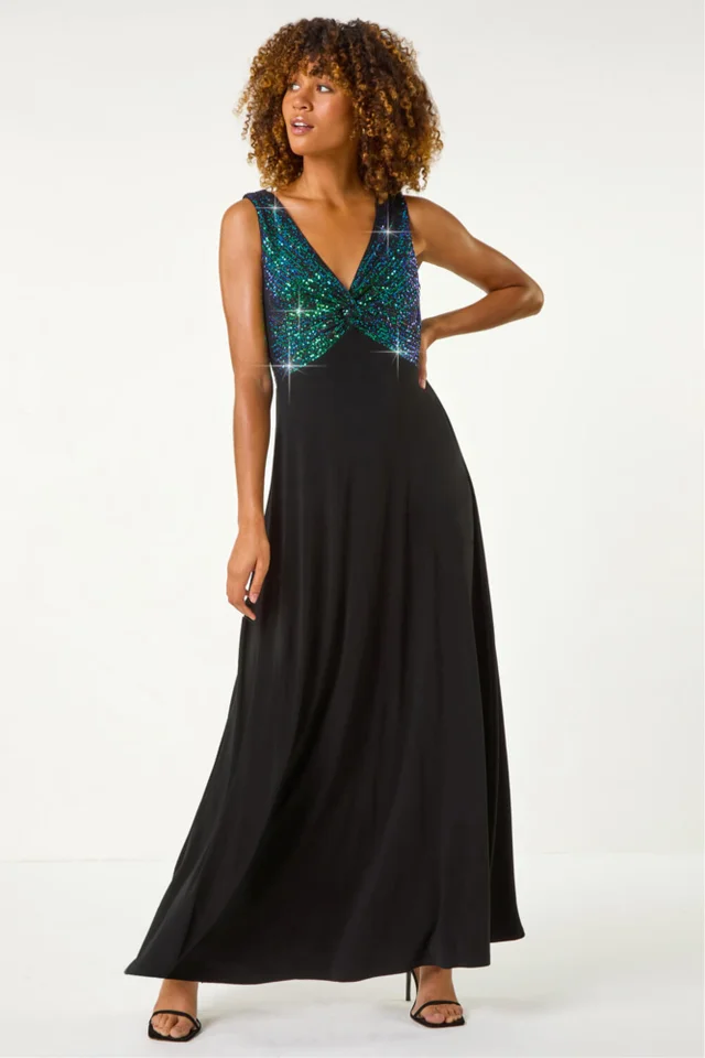 Roman Green Contrast Sequin Bodice Maxi Dress
