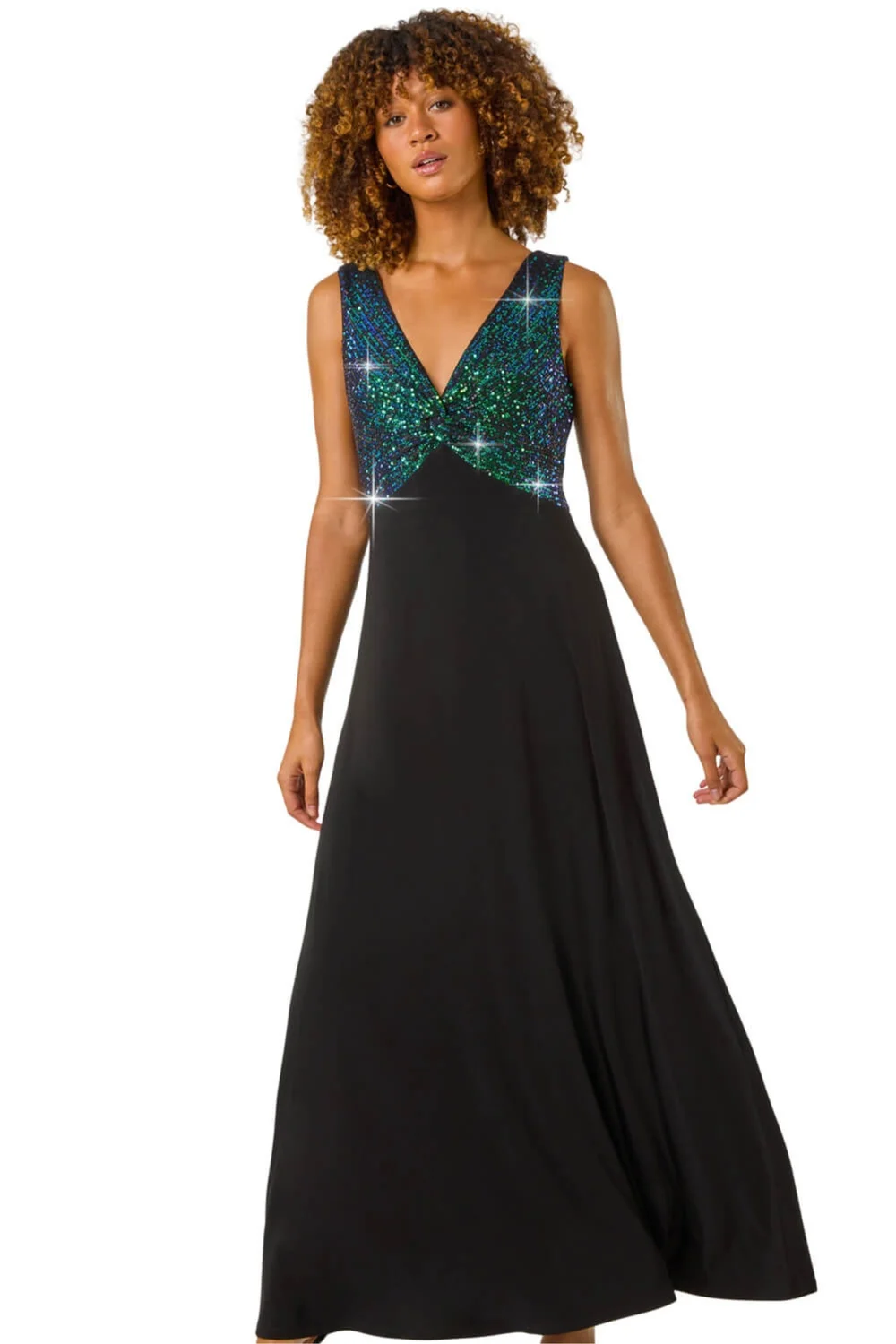 Roman Green Contrast Sequin Bodice Maxi Dress - 10 Image 1