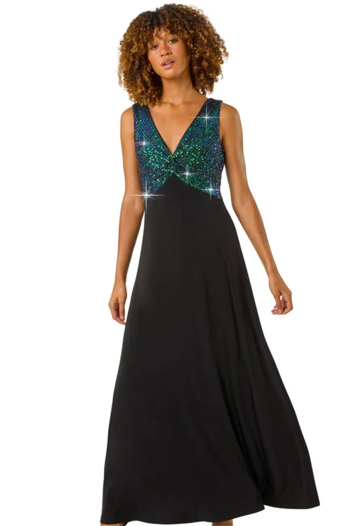 Roman Green Contrast Sequin Bodice Maxi Dress - 10 Image 1